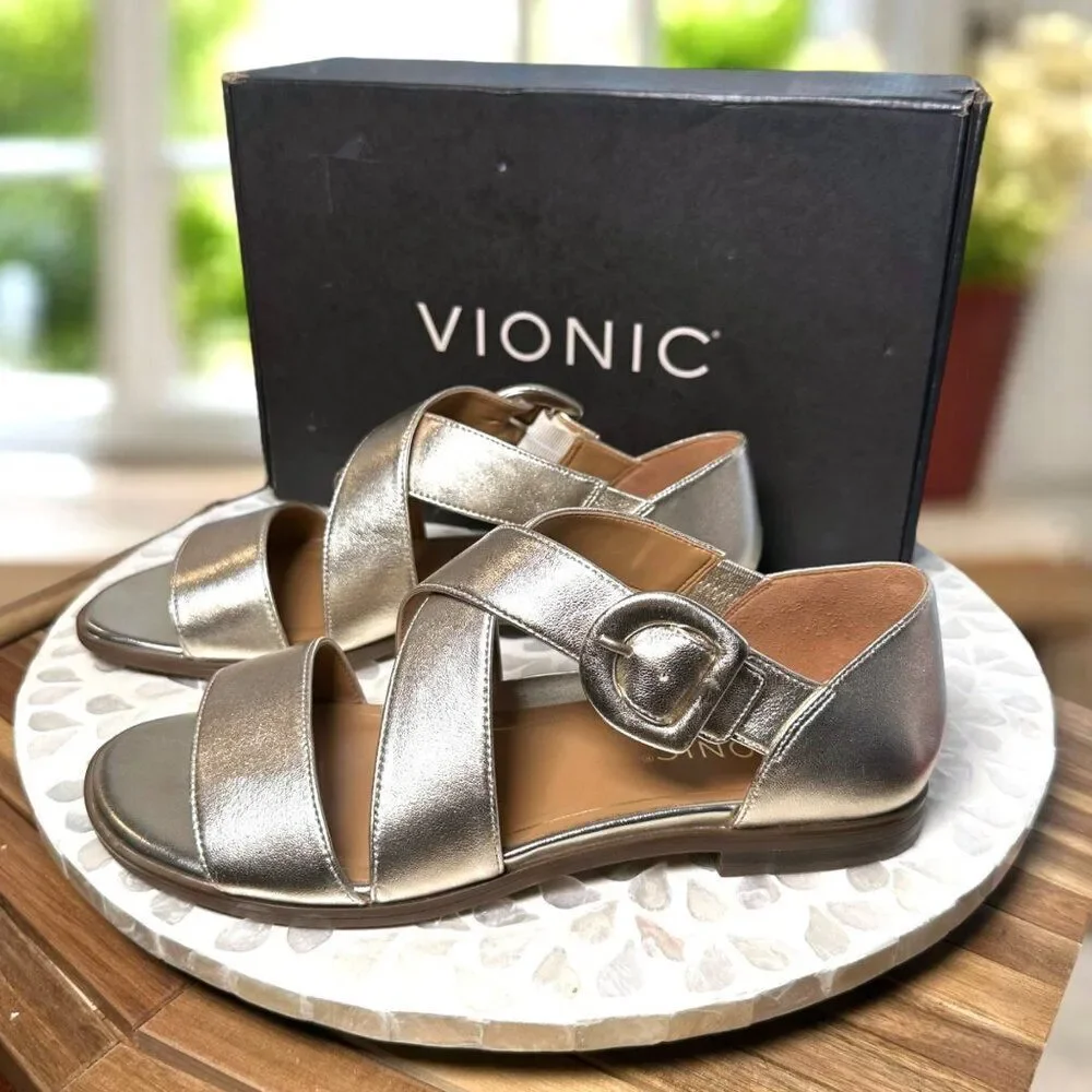 Vionic Pacifica Supportive Orthotic Sandal Gold Metallic Leather Women’s 9 Wide